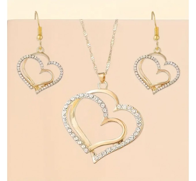 Елегантний набір з подвійним серцем-підвіскою та сережками