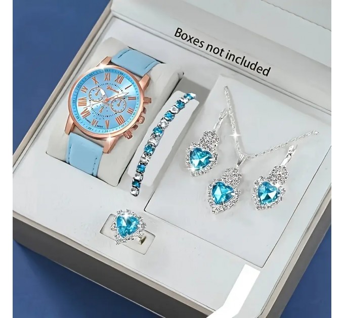 Набір модного жіночого годинника та 5 штук аксесуарів у вигляді сердець Sky Blue