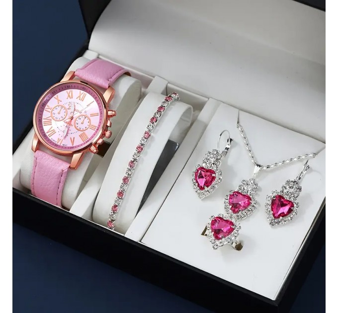 Набір модного жіночого годинника та 5 штук аксесуарів у вигляді сердець Sky Blue