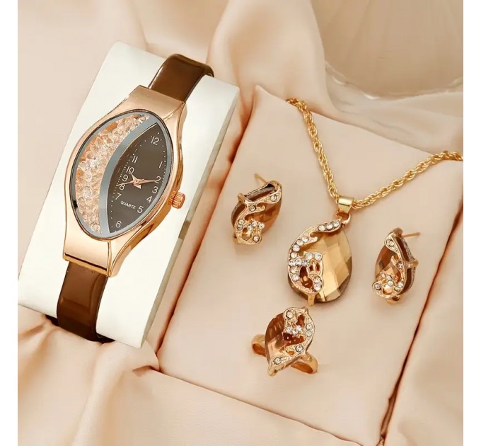 Елегантний набір з жіночого кварцового годинника та комплект ювелірних виробів
