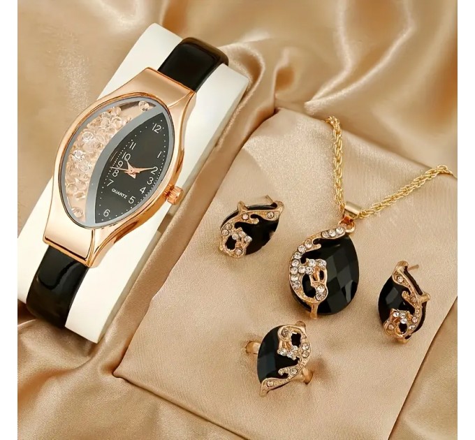 Елегантний набір з жіночого кварцового годинника та комплект ювелірних виробів